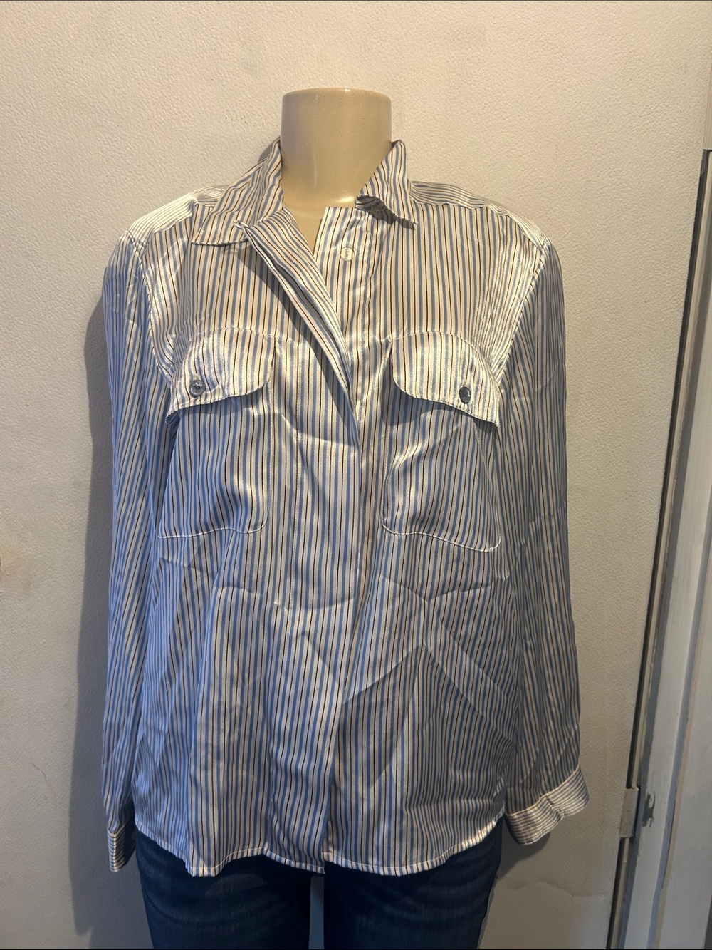 Notations White and Blue Striped Button Down Shirt
